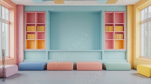 Bright and colorful interior of a modern room featuring pastel shades, bookshelves, and comfortable seating for a lively atmosphere.