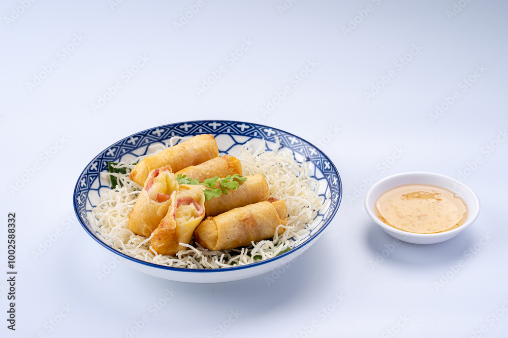 Crispy Spring Rolls with Dipping Sauce and Rice Crispy Spring Rolls with Dipping Sauce and Rice