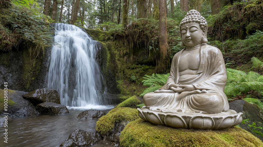 A serene forest setting with a Buddha statue placed near a waterfall. The statue, made of a light-colored material, is in a meditative pose with its hands resting on its lap. A serene forest setting with a Buddha statue placed near a waterfall. The statue, made of a light-colored material, is in a meditative pose with its hands resting on its lap.