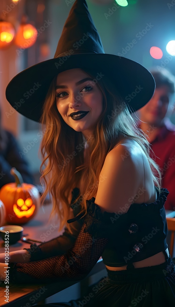 A young woman dressed up as a witch at a Halloween party A young woman dressed up as a witch at a Halloween party