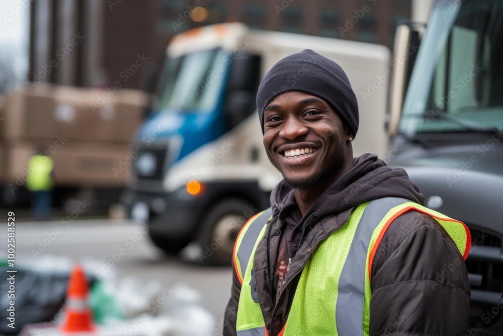 Smiling portrait of a young African American garbage man Smiling portrait of a young African American garbage man