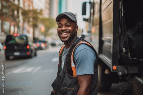 Smiling portrait of a young African American garbage man