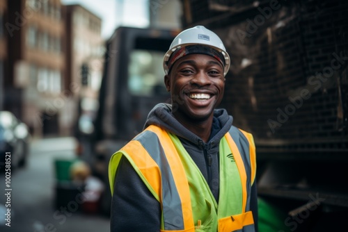 Smiling portrait of a young African American garbage man