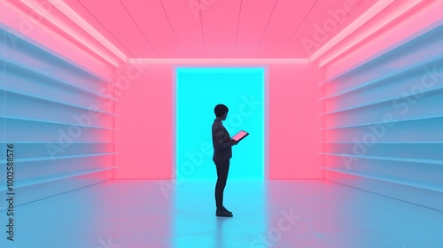 A silhouette of a person standing in a vibrant, futuristic space, holding a device, surrounded by colorful light.