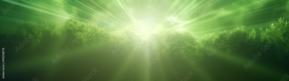 Bright green light rays shining over a forest canopy with a misty atmosphere Bright green light rays shining over a forest canopy with a misty atmosphere