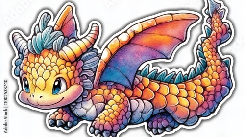 A cute, yellow dragon with purple and blue wings.