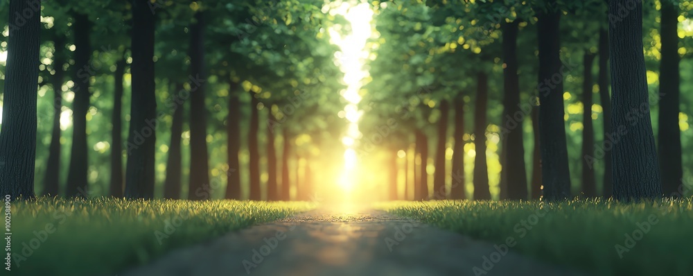 Obraz premium A serene forest pathway illuminated by sunlight, creating a peaceful and inviting atmosphere for nature lovers and adventurers.
