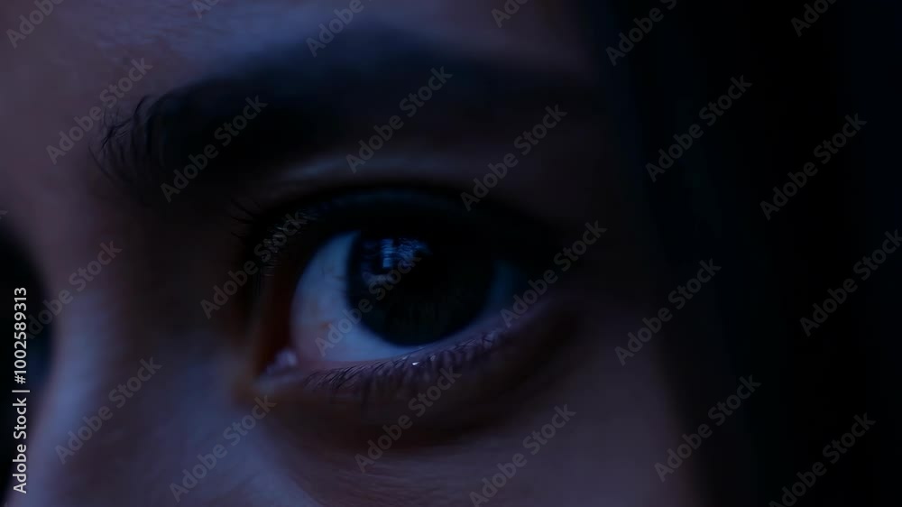 Close-up of human eye illuminated by soft blue light in a mysterious setting Close-up of human eye illuminated by soft blue light in a mysterious setting