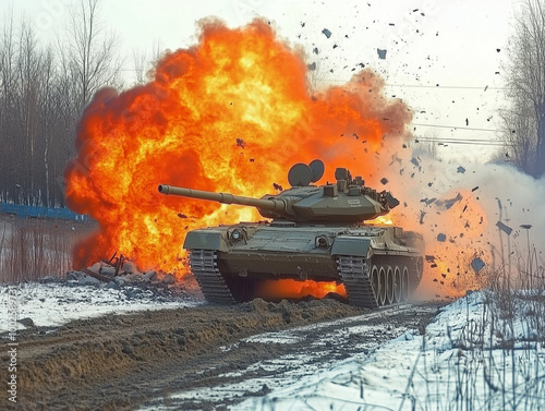 A tank hits a landmine on a frozen battlefield during winter, sending the turret flying through the air. Flames and debris explode outward, contrasting against the cold winter landscape. photo