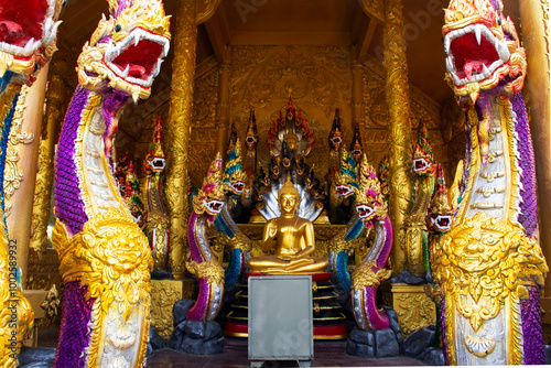 Buddha and naga guardian of Wat Maisupradittharam temple for thai people travel visit tunnel cave and respect praying blessing holy deity angel myth worship at Nakhon Chai Si in Nakhon Pathom Thailand photo