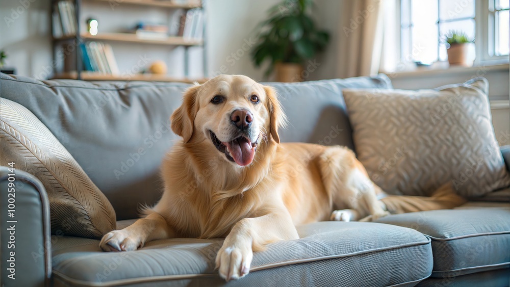 Happy Golden Retriever Dog Relaxing on a Cozy Sofa in a Modern Living Room
Happy Golden Retriever Dog Relaxing on a Cozy Sofa in a Modern Living Room