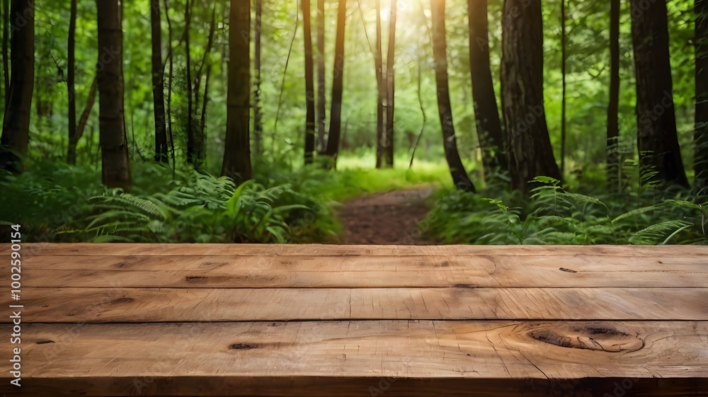 Tranquil green forest sunlight reflection on trees, closeup rustic wooden table surface. concepts of nature, serenity & eco-friendly product placement settings Tranquil green forest sunlight reflection on trees, closeup rustic wooden table surface. concepts of nature, serenity & eco-friendly product placement settings