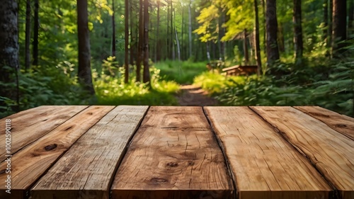 Tranquil green forest sunlight reflection on trees, closeup rustic wooden table surface. concepts of nature, serenity & eco-friendly product placement settings photo