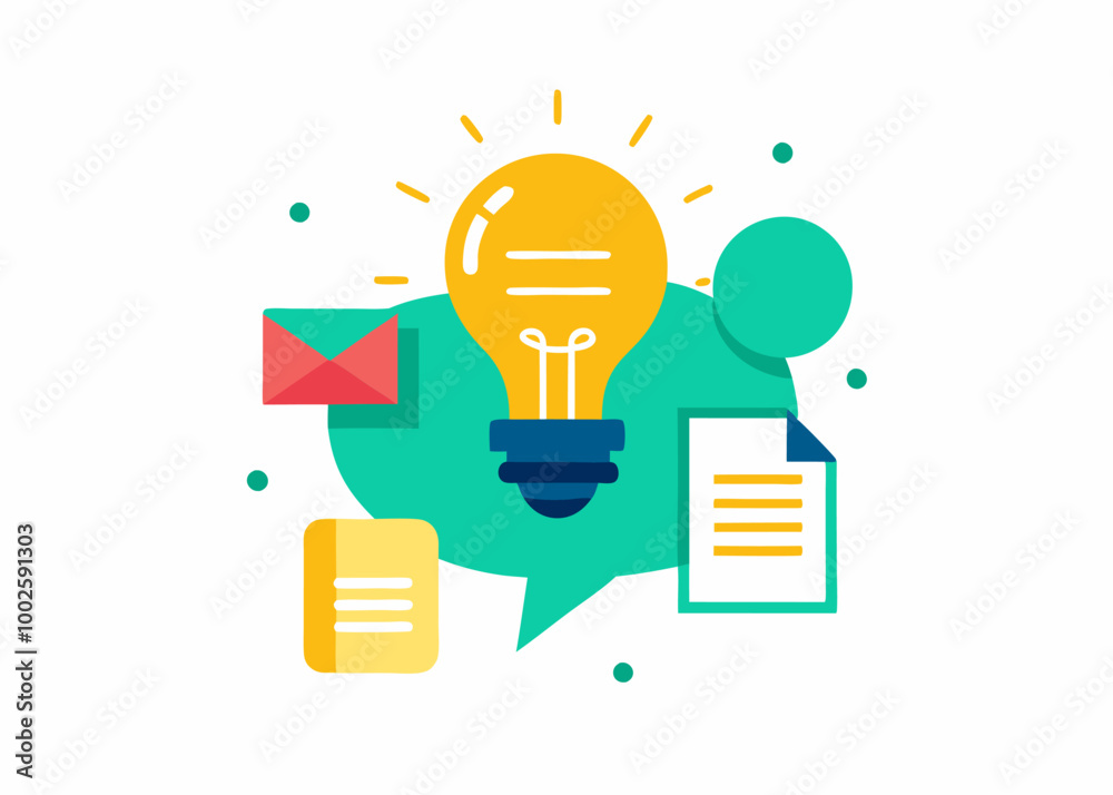 A vibrant illustration showcasing a lightbulb, email, and documents, symbolizing the concept of idea generation and content creation for digital marketing campaigns.