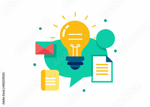 A vibrant illustration showcasing a lightbulb, email, and documents, symbolizing the concept of idea generation and content creation for digital marketing campaigns.