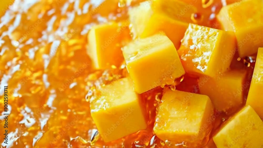 Mango cube slices on mango juice that taste great and are juicy. Mango cube slices on mango juice that taste great and are juicy.