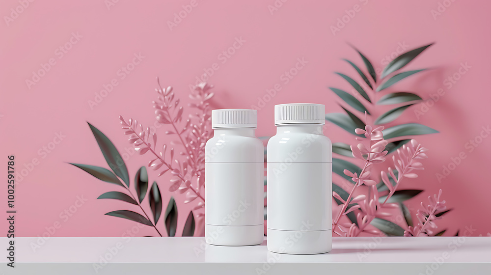 Two white pill bottles sit on a white surface in front of a pink background with green and pink leafy branches. Two white pill bottles sit on a white surface in front of a pink background with green and pink leafy branches.
