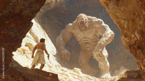 Epic Encounter: Odysseus Confronts the Cyclops in a Tense Cave Showdown
