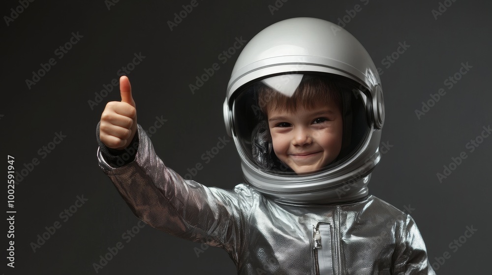 A young boy in a shiny silver space suit gives a thumbs up, expressing his excitement and enthusiasm for space exploration, capturing the imagination and dreams of future astronauts A young boy in a shiny silver space suit gives a thumbs up, expressing his excitement and enthusiasm for space exploration, capturing the imagination and dreams of future astronauts