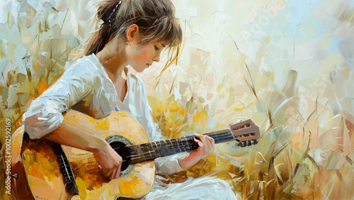 Young Woman Dressed In White Shirt Strumming Guitar With Detailed Brushstrokes Capturing The Fluidity And Emotion Of The Moment Creating Lively Expressive Painting Oil On Canvas