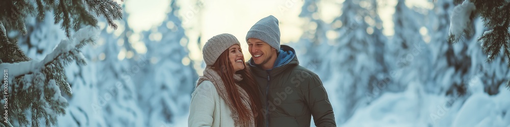 A couple is walking in the snow, with the man wearing a hat. The woman is smiling and the man is smiling back A couple is walking in the snow, with the man wearing a hat. The woman is smiling and the man is smiling back