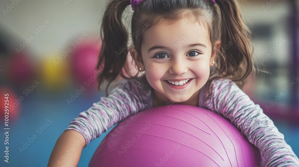 A happy girl joyfully stretches her body on a fitball in the gym, showcasing gymnastics and pilates activities for children. Promoting fitness and fun for young ones A happy girl joyfully stretches her body on a fitball in the gym, showcasing gymnastics and pilates activities for children. Promoting fitness and fun for young ones