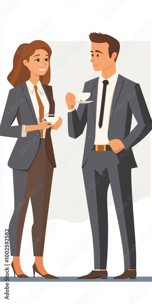 A man and a woman are standing next to each other, both wearing suits and ties. The man is holding a cup, and the woman is smiling. Concept of professionalism and formality A man and a woman are standing next to each other, both wearing suits and ties. The man is holding a cup, and the woman is smiling. Concept of professionalism and formality