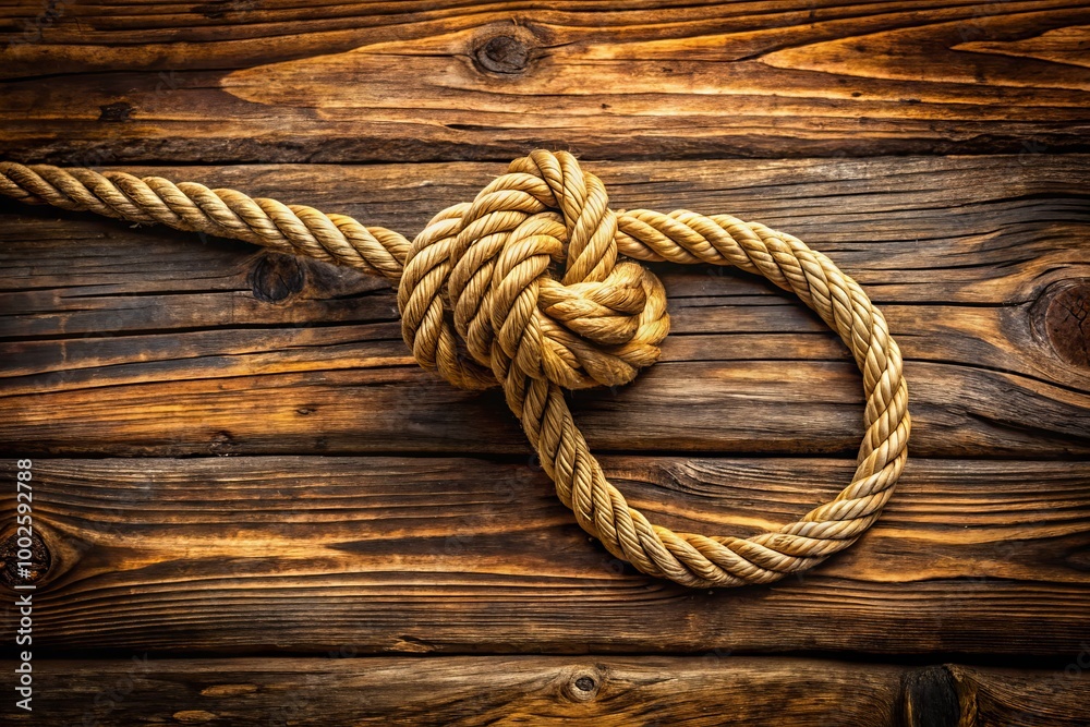 Intricate Noose Knot Tied with Natural Twine on Rustic Wooden Background for Symbolism and Artistry Intricate Noose Knot Tied with Natural Twine on Rustic Wooden Background for Symbolism and Artistry