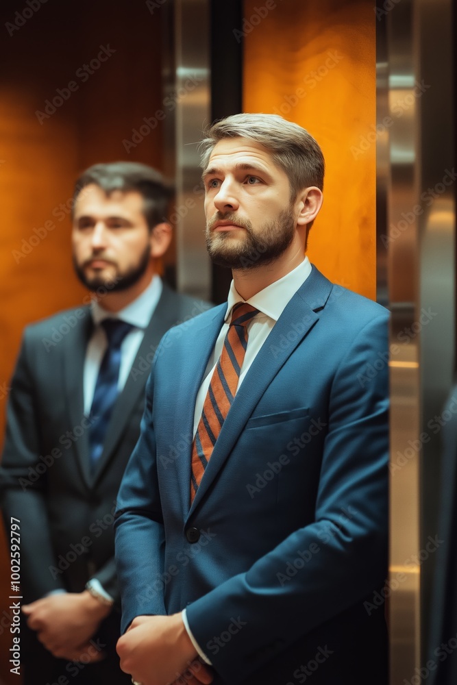 Two men in suits and ties standing in an elevator. One of them is wearing a striped tie