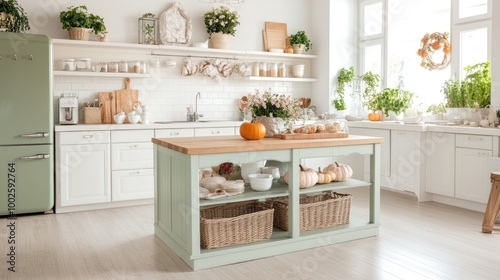This inviting kitchen features white cabinetry, a wood countertop, and a warm autumn atmosphere with pumpkin decorations and natural wood accents