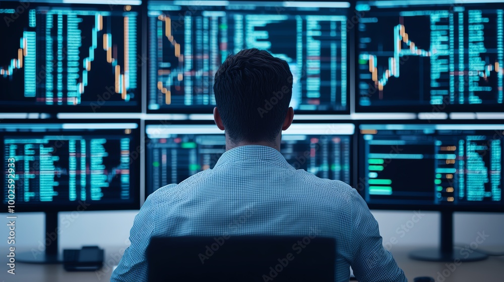 Focused professional analyzing market data on multiple screens for strategic financial decisions and investment insights. Focused professional analyzing market data on multiple screens for strategic financial decisions and investment insights.