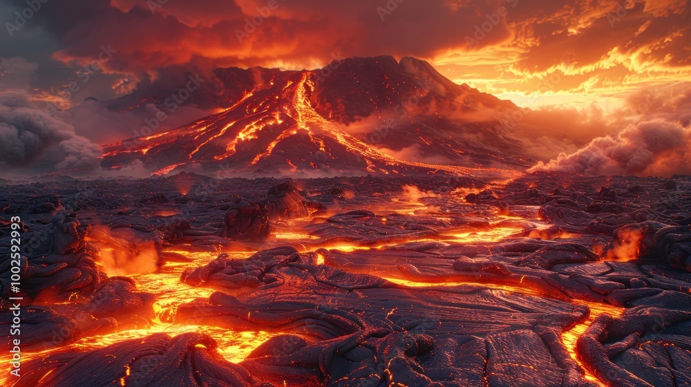 A dramatic volcanic landscape of the planet Mustafar, with rivers of lava flowing and dark, jagged rocks A dramatic volcanic landscape of the planet Mustafar, with rivers of lava flowing and dark, jagged rocks