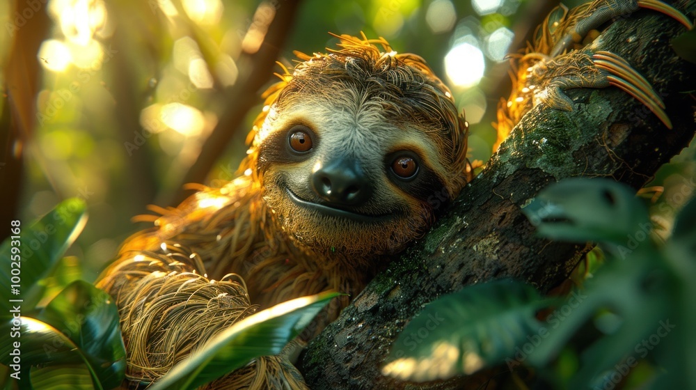 A detailed image of a traveler spotting a sloth in the Amazon jungle, with the animal hanging from a tree branch A detailed image of a traveler spotting a sloth in the Amazon jungle, with the animal hanging from a tree branch