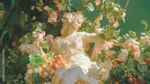 Spring Rebirth: Serene Goddess Persephone in Lush Garden of Flowers and Fruits photo