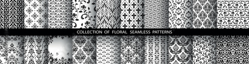 Geometric floral set of seamless patterns. White and black vector backgrounds. Damask graphic ornaments. photo