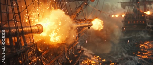 A Ship's Cannon Firing in Battle