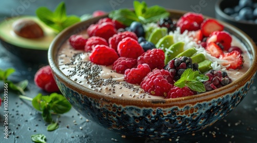 A detailed image of a keto-friendly smoothie bowl with a base of avocado and coconut milk, topped with chia seeds, shredded coconut, and berries