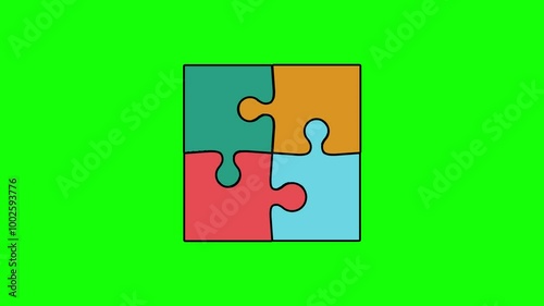 Animation of Colorful Jigsaw Interlocking Puzzle Pieces on Green Background