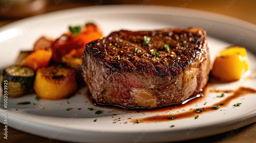 Close-up shot of a perfectly seared Kobe beef steak on a white plate, accompanied by colorful side dishes, showcasing culinary excellence. Close-up shot of a perfectly seared Kobe beef steak on a white plate, accompanied by colorful side dishes, showcasing culinary excellence.