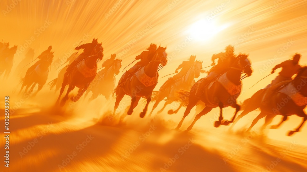 Epic Chariot Race at Sunset: Dusty Plains, Galloping Horses, Dramatic Clouds Epic Chariot Race at Sunset: Dusty Plains, Galloping Horses, Dramatic Clouds
