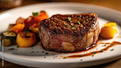 Close-up shot of a perfectly seared Kobe beef steak on a white plate, accompanied by colorful side dishes, showcasing culinary excellence.