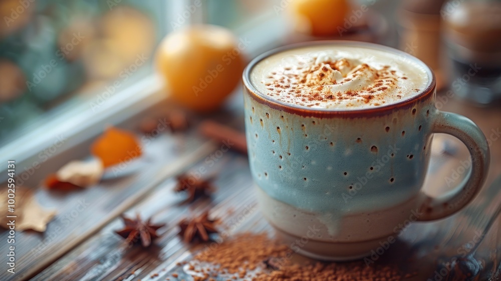 A detailed image of a keto-friendly coffee with heavy cream and a sprinkle of cinnamon, served in a stylish mug
