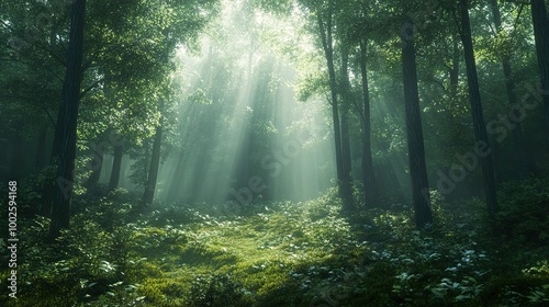 Sunbeams Through a Misty Forest