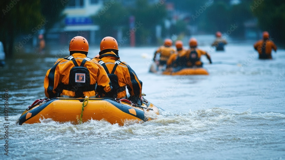 High-resolution image of a rescue team practicing water rescue drills in preparation for flood events on the International Day for Natural Disaster Reduction. High-resolution image of a rescue team practicing water rescue drills in preparation for flood events on the International Day for Natural Disaster Reduction.