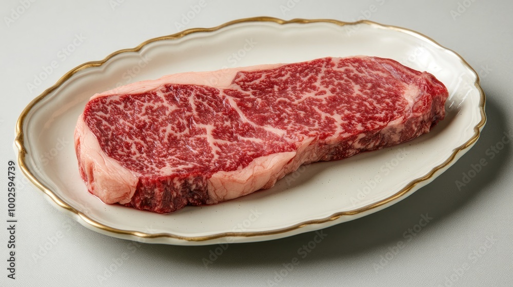 Obraz premium High-resolution shot of an exquisite Wagyu beef steak, showcasing its marbled texture and rich juiciness, served on a fine china plate
