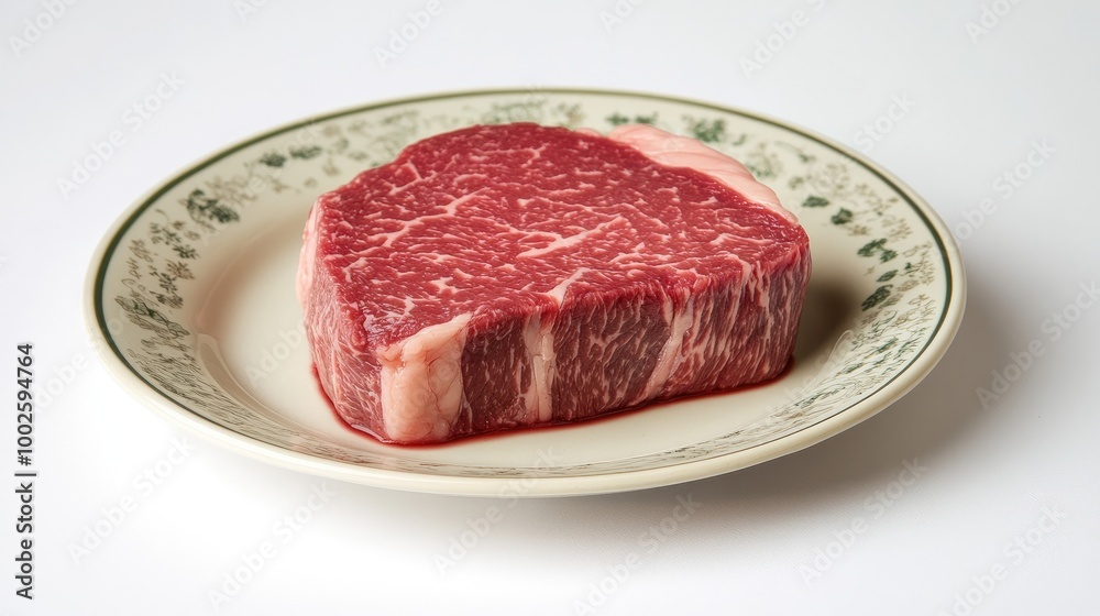 High-resolution shot of an exquisite Wagyu beef steak, showcasing its marbled texture and rich juiciness, served on a fine china plate High-resolution shot of an exquisite Wagyu beef steak, showcasing its marbled texture and rich juiciness, served on a fine china plate