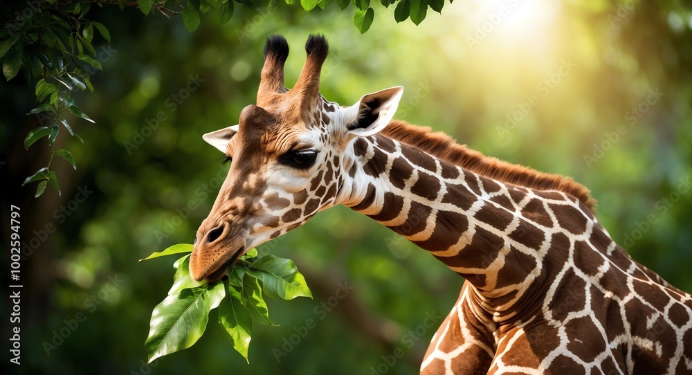 Obraz premium A gentle giraffe munching on leaves under the soft sunlight in a rich green jungle