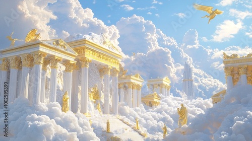 Majestic Mount Olympus: Ancient Temples, Golden Statues, and Mythical Creatures Among Towering Clouds