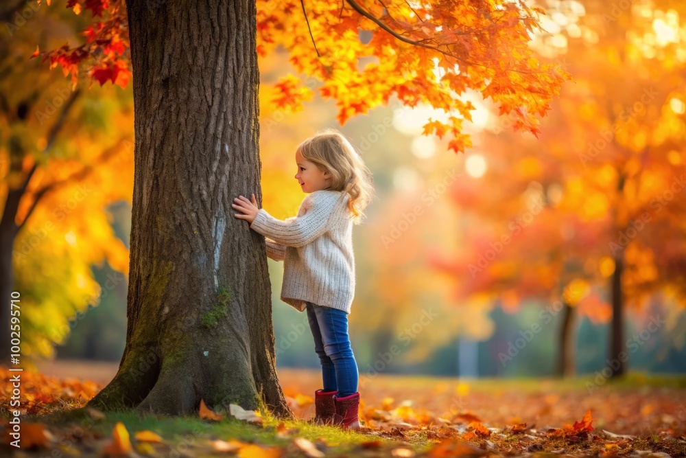 Little girl embraces a tree surrounded by vibrant autumn foliage in a serene outdoor setting Little girl embraces a tree surrounded by vibrant autumn foliage in a serene outdoor setting