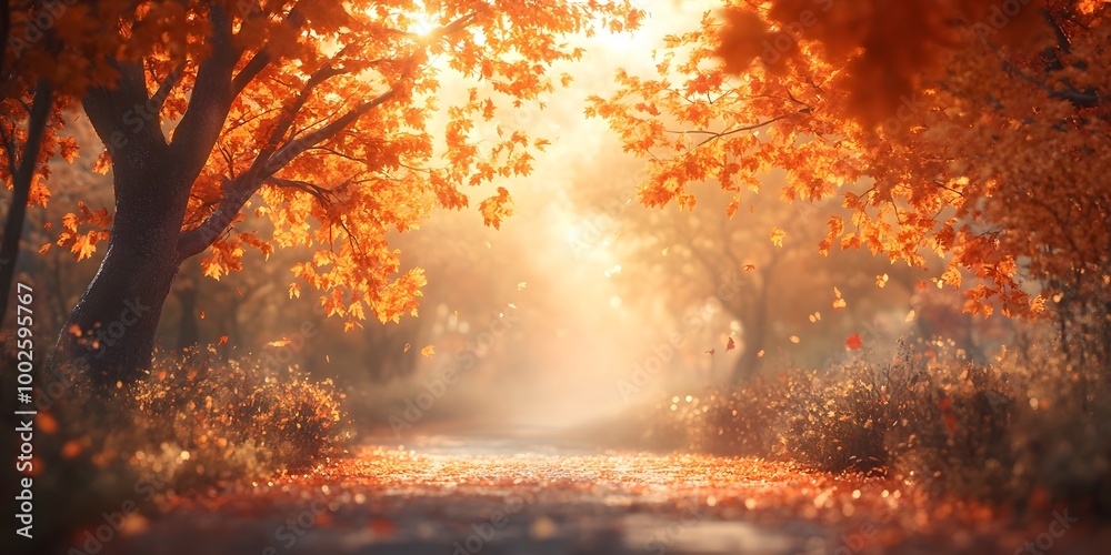 Autumn forest path with vibrant orange maple leaves and golden sunlight filtering through trees A misty atmosphere creates a soft focus and ethereal glow in this panoramic view Autumn forest path with vibrant orange maple leaves and golden sunlight filtering through trees A misty atmosphere creates a soft focus and ethereal glow in this panoramic view